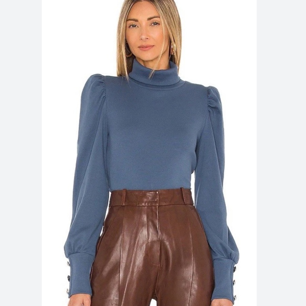 Veronica Beard Juno Steel Blue Ribbed Turtleneck Top Puff Sleeves Size S